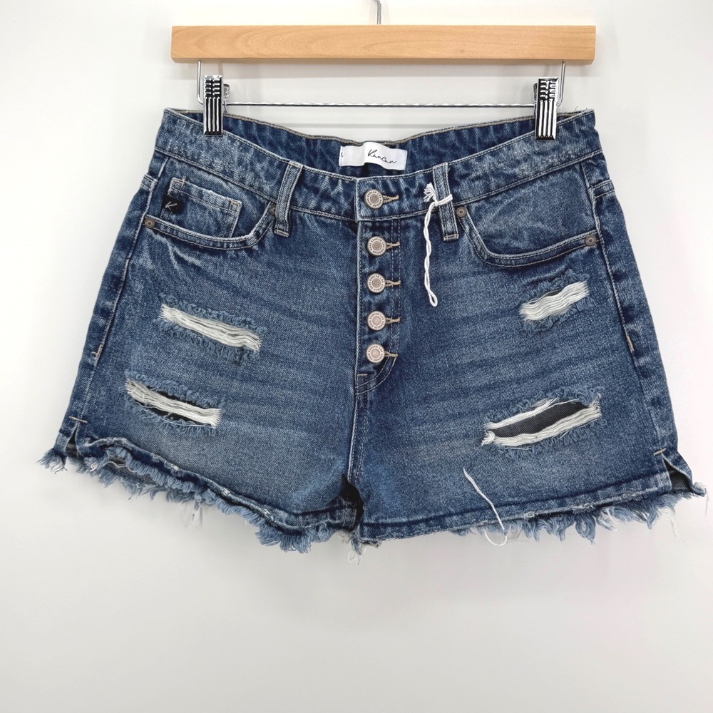 Kancan Denim Shorts Womens Medium Blue Distressed High Rise Button Fly Jean